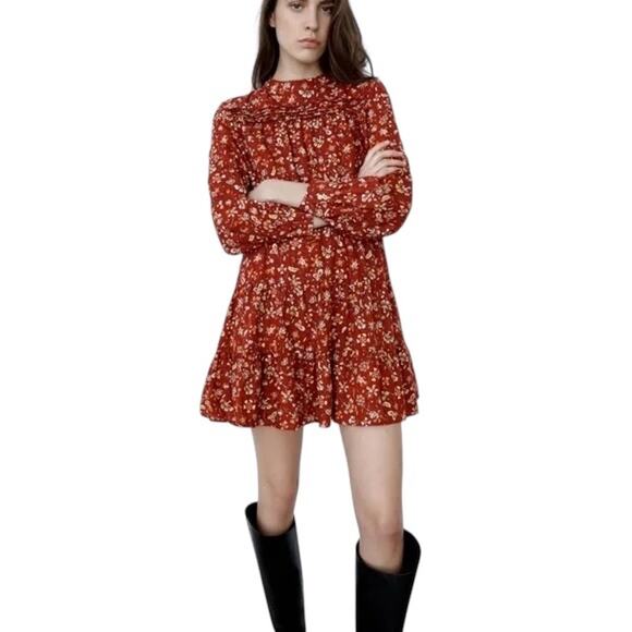 Zara Burgundy Floral Print Mock Neck Long Sleeve Mini Dress Size Small - Picture 1 of 9